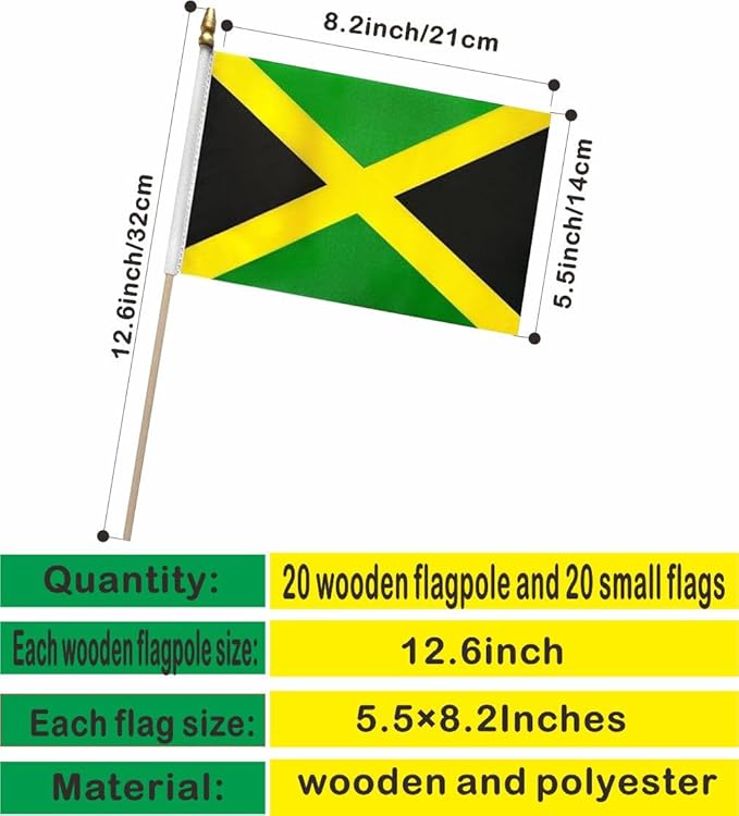 20 Pack Jamaica Flags Jamaican Stick Flag Small Mini Handheld Flags for Decorations,（ 5 × 8inches）, essential for parties and celebrations