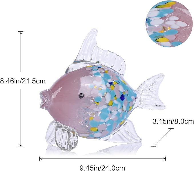 LCCCK Large Hand Blown Glass Fish Figurines, Aquarium Sea Glass Art, Fish Statue Sculpture Modern Coastal Accent - for Beach Knick Knacks, Coffee Tables, Nautical Offices Centerpiece (Colorful Pink)