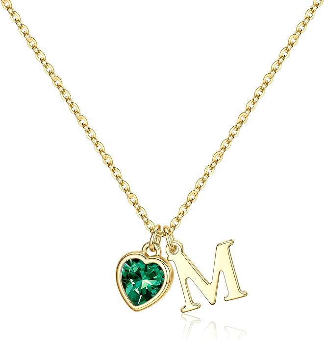 Turandoss Valentines Day Gifts for Her Trendy, Dainty 14K Gold Plated Initial A-Z Heart Birthstone Pendant Necklace Personalized Bridesmaid Birthday Valentines Jewelry Gifts for Women Girls