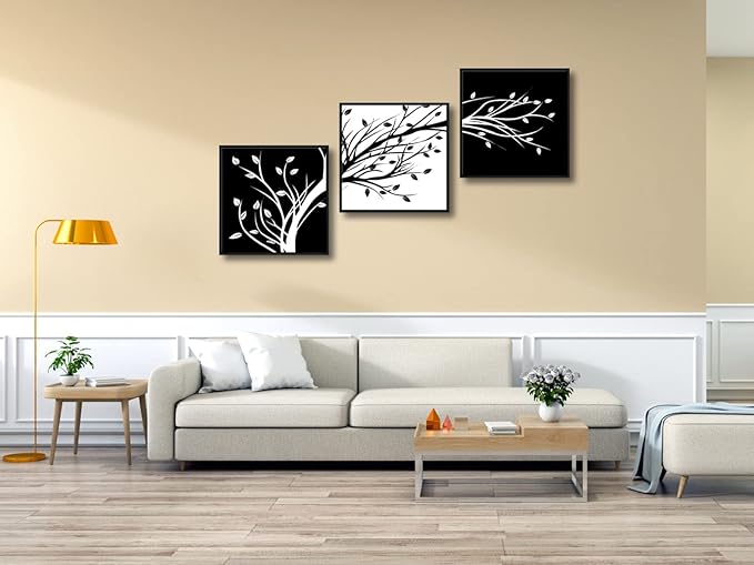 Wieco Art Black Framed Leaves Modern 3 Panels Flowers Artwork Black and White Abstract Floral Trees Canvas Prints Wall Art for Living Room Home Decorations