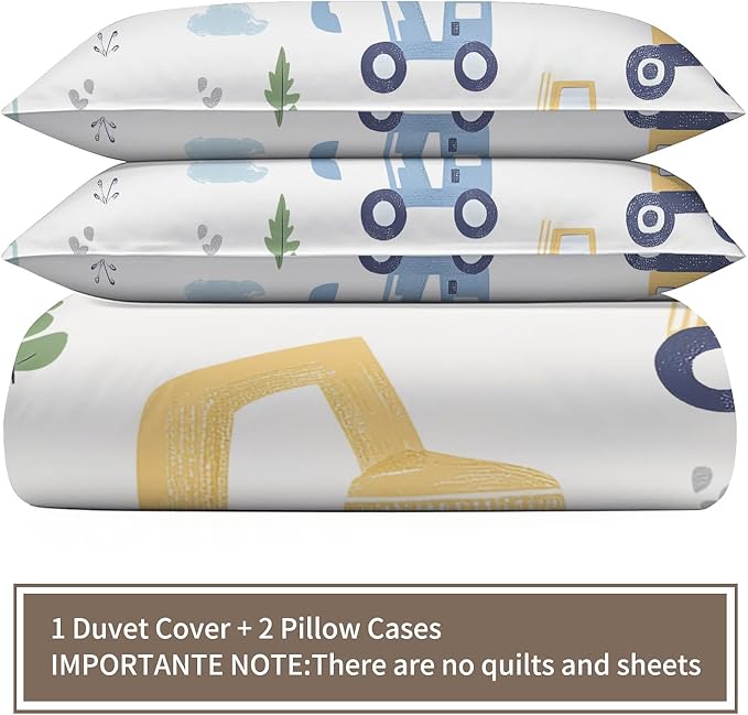 Cartoon Construction Vehicles Duvet Cover King Size Excavator Bulldozer Bedding Set Trucks Car Comforter Set Kids Engineering-Themed Comforter Cover with Zipper Ties for Bedroom