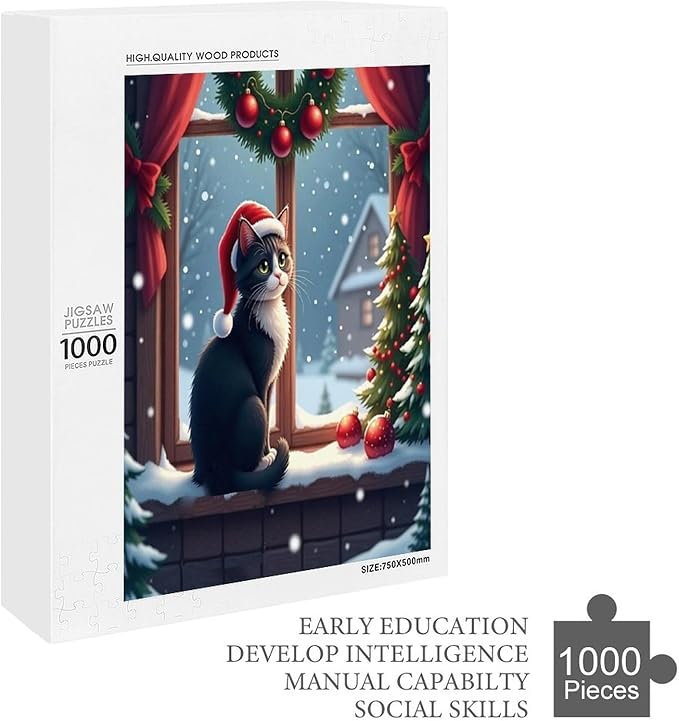 Jigsaw Puzzles for Adults 1000 Piece - Christmas Black Cat Wooden Puzzles, Stress Relief Games, Funny Puzzles，Unique Gifts for Wall Art，Family Puzzles，Educational Games