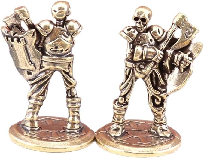 Brass Animals Figurine Decorative,Metal Statue,2.16Inch Pure Brass Vintage Skeleton Warrior Figurines,Set of 2-Halloween Desktop Decorations,Gothic Collectible Ornaments with Axe & Shield