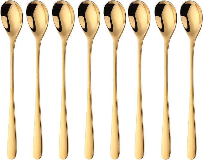 Buyer Star 8-Inch Long Handle Iced Tea Spoons, Ice Cream Spoon, Stainless Steel Cocktail Stirring Spoons, Set of 8 (Gold)