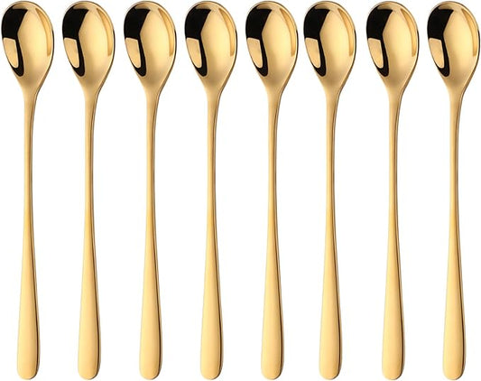 Buyer Star 8-Inch Long Handle Iced Tea Spoons, Ice Cream Spoon, Stainless Steel Cocktail Stirring Spoons, Set of 8 (Gold)