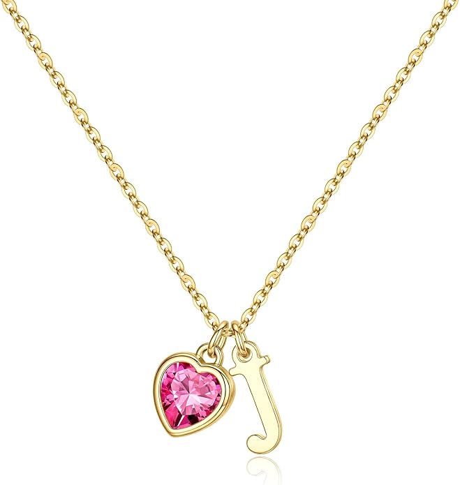 Turandoss Valentines Day Gifts for Her Trendy, Dainty 14K Gold Plated Initial A-Z Heart Birthstone Pendant Necklace Personalized Bridesmaid Birthday Valentines Jewelry Gifts for Women Girls