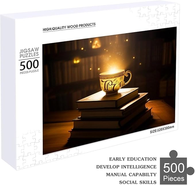 Wooden Puzzle - Hot Tea On A Book Rounded Corner Jigsaw Puzzles，Wooden Puzzles for Adults 500 Pieces Challenge Puzzles，Educational Games，Family Puzzles，Unique Gifts for Wall Art