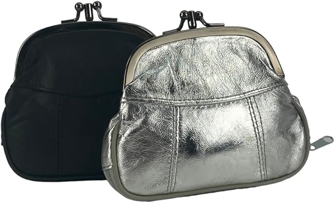 Leather Impressions Double Coin Purse for Women - Genuine Leather Coin Purse with Twist Clasp, 1 zipper pocket, 2 pack lightweight - Timeless clean stitched Small Coin Purse (Back, Silver)