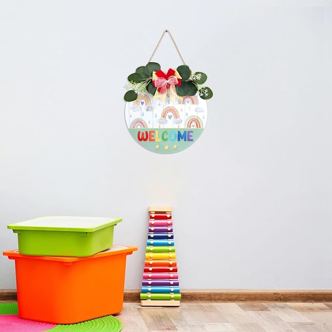 CHDITB Rainbow Welcome Sign, Wreath Wood Hanging Plaque, Welcome Door Sign, Raindrop Wreath Round Wall Art Sign Hanger Classroom Wall Decor for Nursery Kid Room Playroom Decor-14.9x14.9 inch