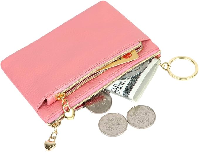 Women's Genuine Leather Coin Purse Zipper Pocket Size Pouch Change Wallet, Pink