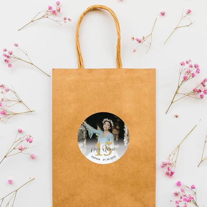 Andaz Press 40-Pack Personalized 2" Round Circle Quinceañera Labels, Mis Quince Sticker Labels with Custom Photo for Quince Años Favors Invitations XV, 15th Birthday Quinceanera Decorations
