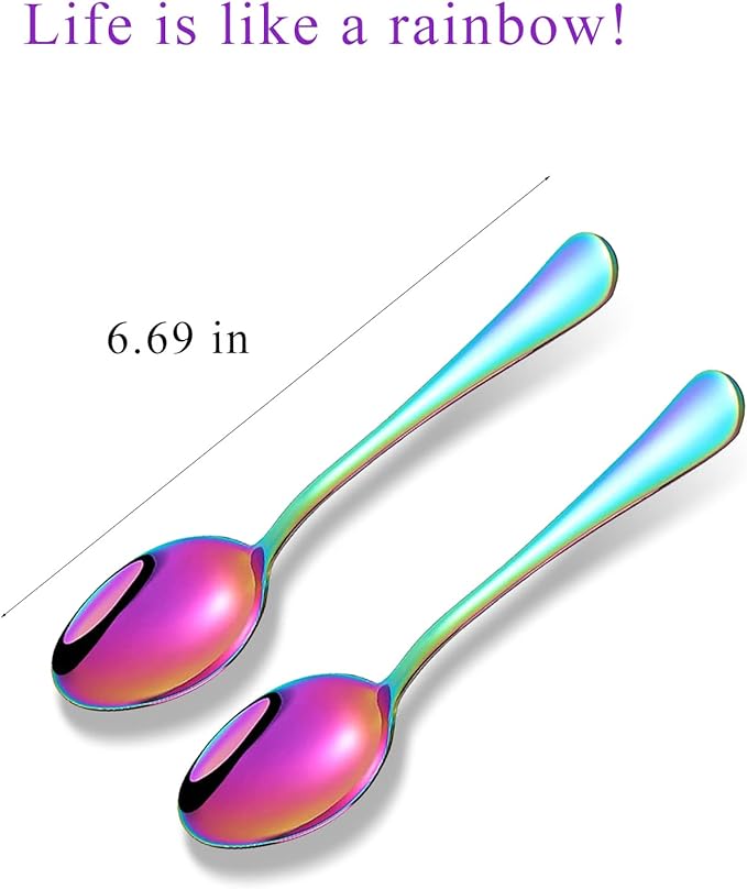 Rainbow Spoons,Set of 16 Top Food Grade Stainless Steel Spoons Silverware, Big Tea Spoons,6.7 Inches,Mirror Finish & Dishwasher Safe,New Apartment Essentials Flatware