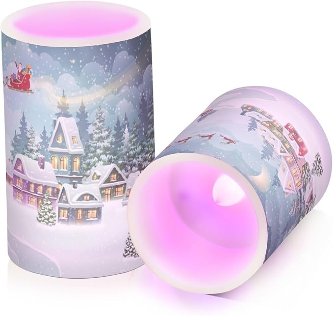 ALAZA Santa Reindeer Winter Christmas Scene Snow Flickering Flameless Candles Battery Operated with Remote Timer,Tea Light Candles LED Pillar Votive Candles Set of 2 for Outdoor Indoor Decorations