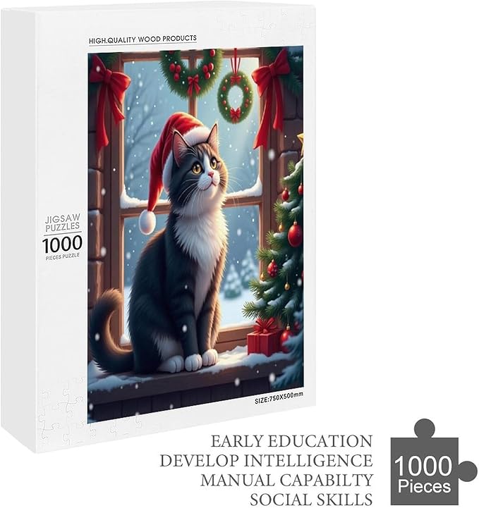Jigsaw Puzzles for Adults 1000 Piece - Christmas Black Cat Wooden Puzzles, Puzzle Games, Stress Relief Games, Funny Puzzles，Unique Gifts for Wall Art