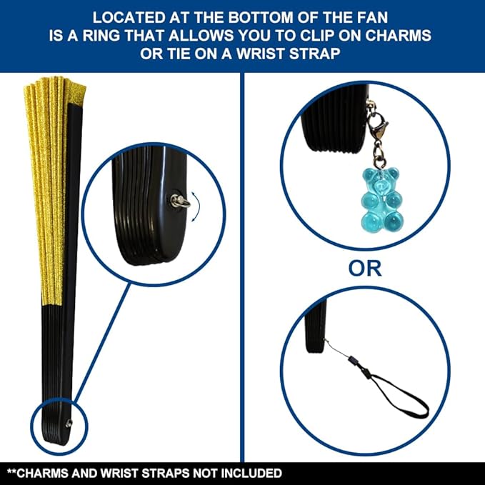 Large Gold Glitter Hand Fan - For Parties, Events, Raves, Indoor, Outdoor Use - 25" Wide Foldable Hand Fan