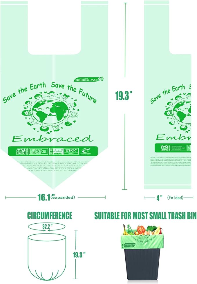 BEIDOU-PAC 1.6 Gallon Compostable Trash Bags with Handle, 125 Count Small Compost Bags, Biodegradable Kitchen Garbage Bags, Food Scrap Waste Bags for Countertop Bin, ASTM D6400, US BPI Certified