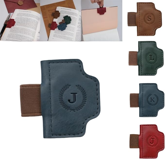 Personalized Magnetic Bygone Mark Bookmark with Pen Holder, 26 Letters Name Initial Custom Leather Book Mark for Women, Gifts for Book Lovers and Readers (Blue,J)