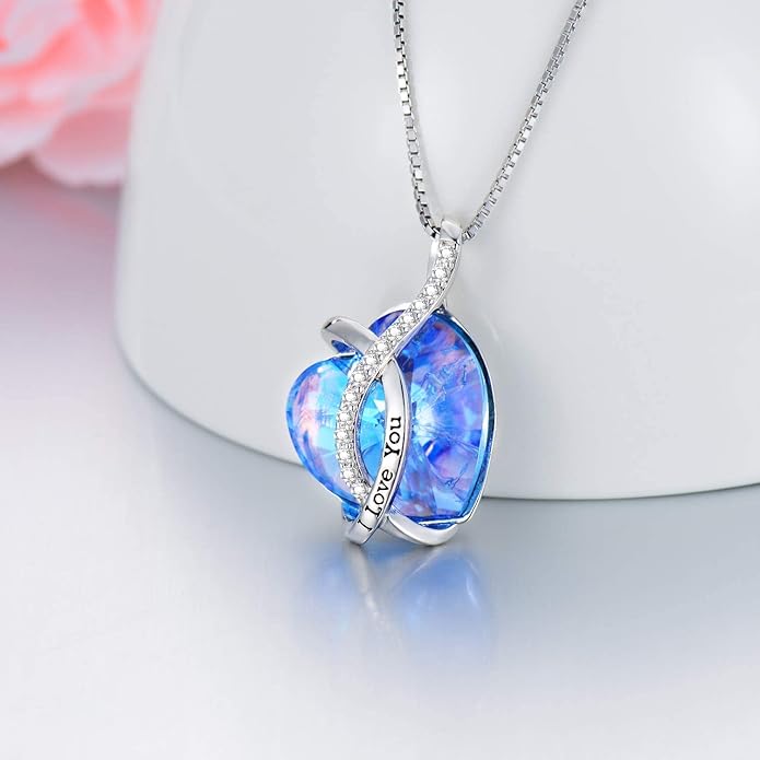 AOBOCO I Love You Sterling Silver 12 Birthstone Heart Pendant Necklace Embellished with Crystals from Austria, Mother's Day Anniversary Birthday Jewelry Christmas Gifts for Women Grandma Nana