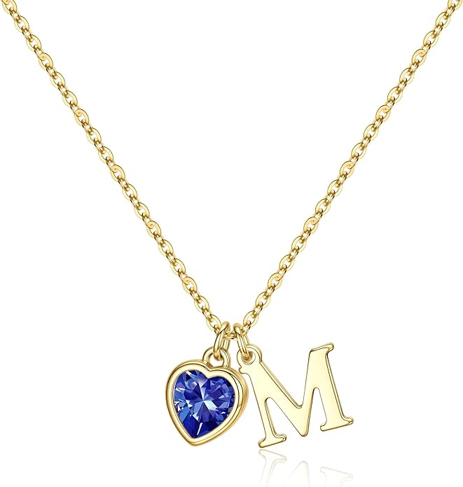 Turandoss Valentines Day Gifts for Her Trendy, Dainty 14K Gold Plated Initial A-Z Heart Birthstone Pendant Necklace Personalized Bridesmaid Birthday Valentines Jewelry Gifts for Women Girls