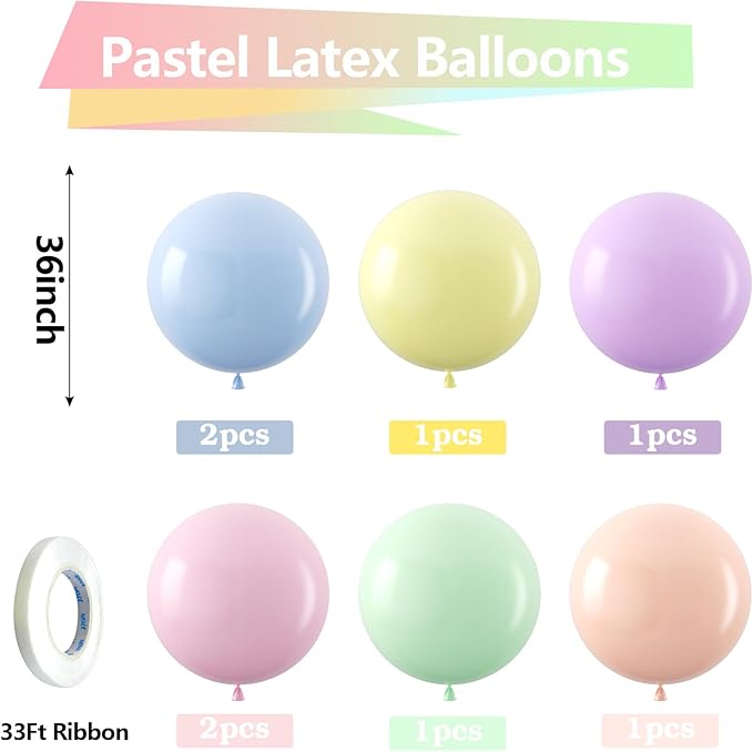 Bezente Pastel Balloons Latex Party Balloons 36 Inch - 8 Pack Jumbo Spring Macaron Balloons Large Round Latex Balloons for Birthday Bridal Shower Wedding Rainbow Party Decorations