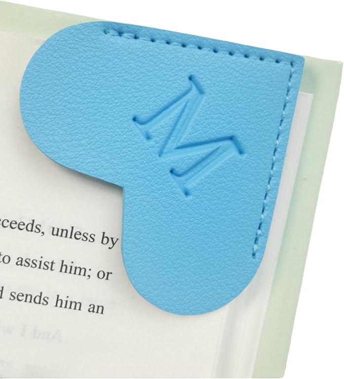 MOTEERLLU Personalized Leather Heart Bookmark with Initials, Handmade, Letter Cute Custom Corner Book Marks for Reading Women, Teachers, Students, Book Lovers, Book Accessories(Blue,M)