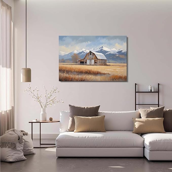 Mountain snow barn murals rural farm natural scenery Thanksgiving decorative paintings suitable for home decoration bathroom bedroom living room decoration24x36in(60x90cm)- Unframed