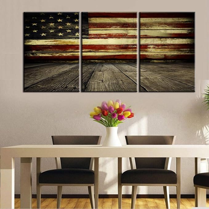 Native America Flag Pictures Patriotic Military Artwork House Decorations Living Room 3 Panel Canvas Wall Art Stars Stripe Retro Painting Framed Stretched Ready to Hang Posters and Prints(48''Wx24''H)