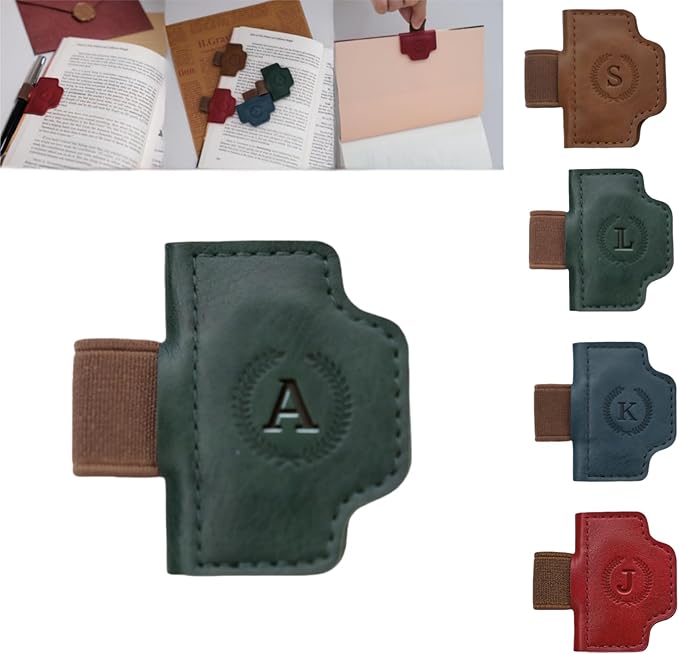 Personalized Magnetic Bygone Mark Bookmark with Pen Holder, 26 Letters Name Initial Custom Leather Book Mark for Women, Gifts for Book Lovers and Readers (Green,A)