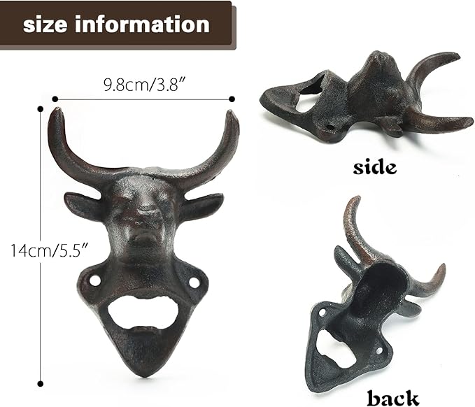 Sungmor Wall Mounted Bottle Opener, Cast Iron Cool Bull Head Bottle Opener, Beer Coke Beverage Bottle Cap Opener, Vintage Rustic Style Wall Hanging Opener, Bar Farmhouse Wall Ornament, Practical Gift