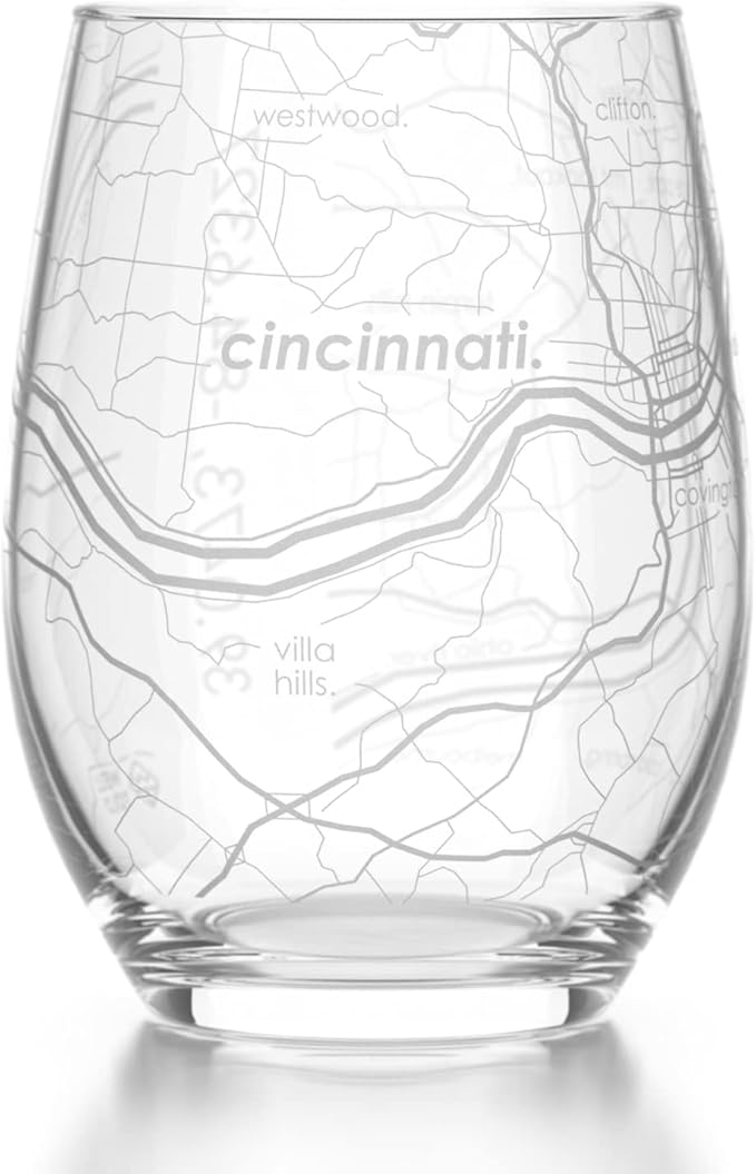 Well Told Engraved Cincinnati Ohio Map Stemless Wine Glass, Etched Glass (15 oz, Clear) City Custom Gifts for Lovers