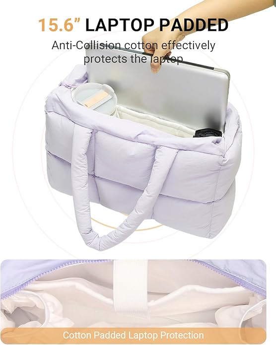 Herald Puffer Tote Bag for Women, Large Quilted Puffy Handbag Lightweight Satchel Purse with Cup Holder & Compartment