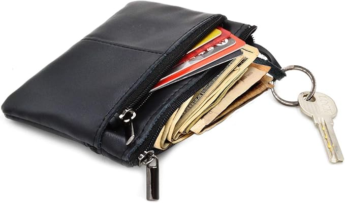 Multi-Functional Genuine Leather Wallet - Wine Red Compact Card Holder with 3 Zippers, Built-in Key Ring & Coin Purse for Travel (black)