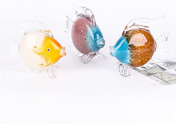 LCCCK Large Glass Fish Figurines Hand Blown Glass Fish Statue and Sculpture Home Decor, Murano Animal Tropical Sea Glass Paperweights for Desk, Glass Aquarium Coastal Beach Decorative (Brown)