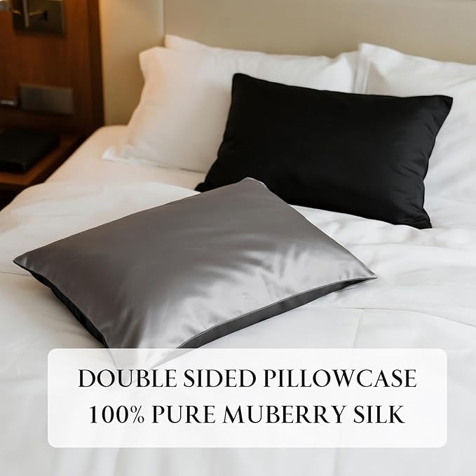 Mulberry Silk Pillowcase for Hair and Skin, Luxury Double Sided Pure Silk Pillowcase, 29x19 Inches, 1Pc (Black)