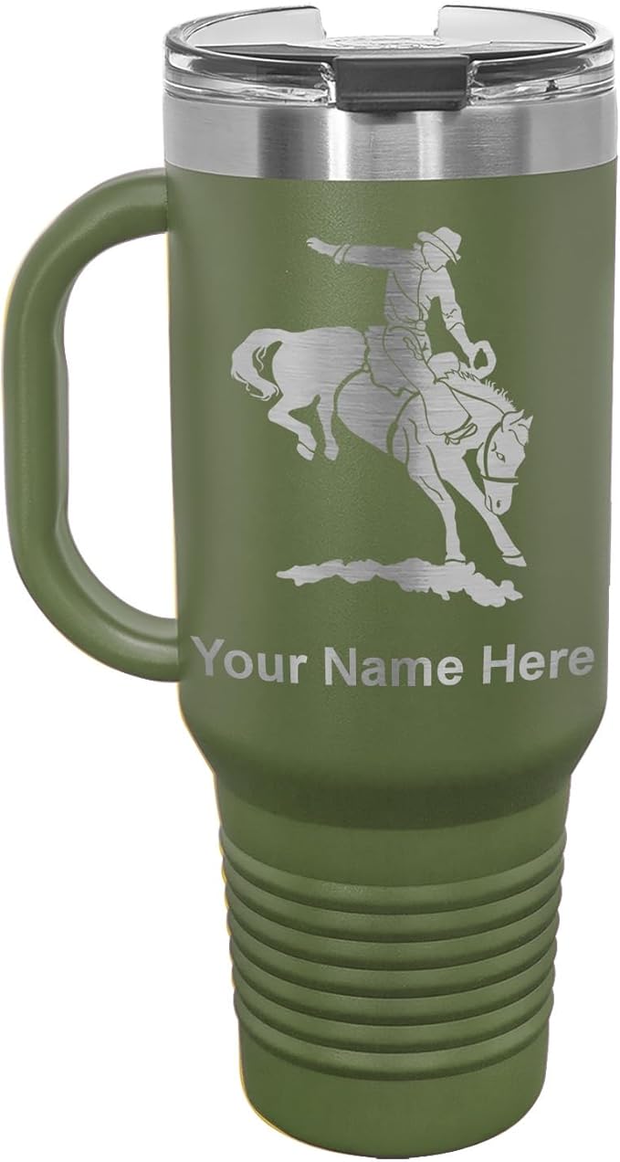 LaserGram 40oz Vacuum Insulated Travel Mug with Handle, Bronco Rider, Personalized Engraving Included (Camo Green)