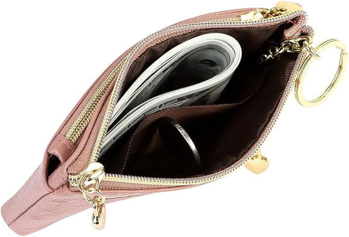 Women's Genuine Leather Coin Purse Zipper Pocket Size Pouch Change Wallet, Dark Pink