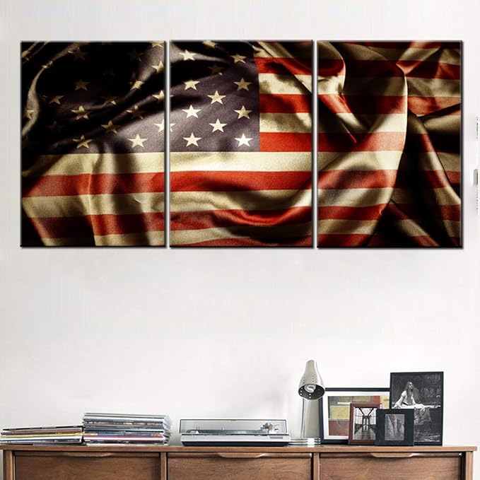 Native American Flag Pictures for Living Room Stars Stripes Artwork Red Retro Paintings 3 Panel Prints Wall Art on Canvas Contemporary House Decor Giclee Framed Stretched Ready to Hang(42''Wx20''H)