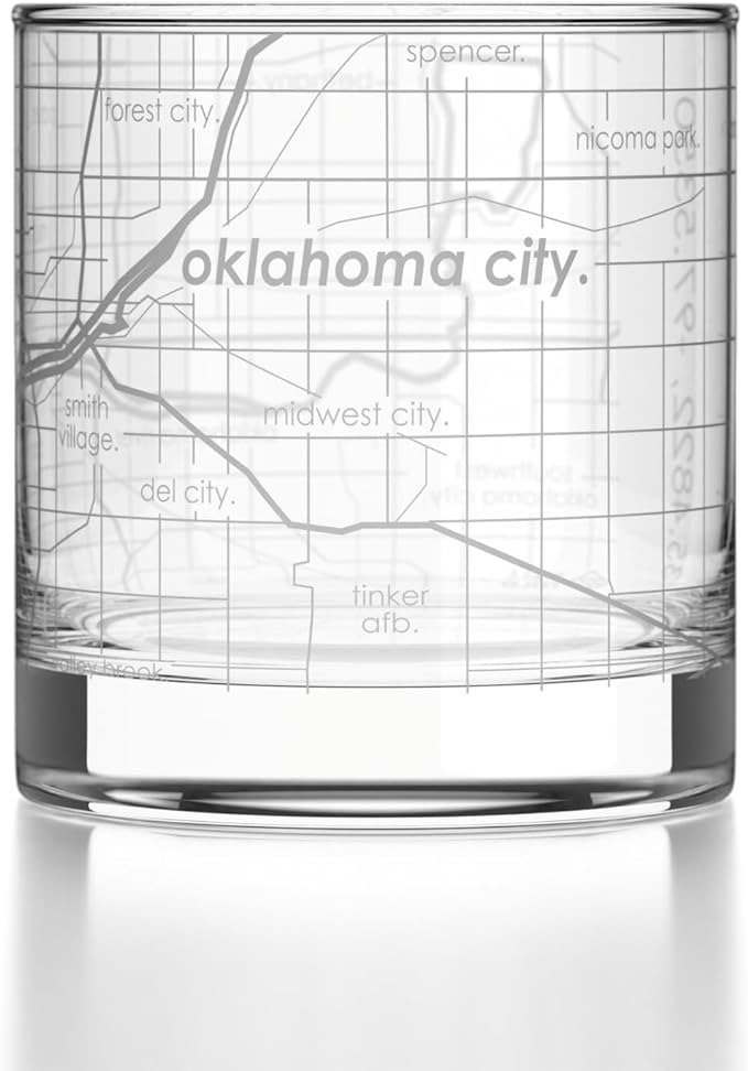 Well Told Engraved Oklahoma City Oklahoma Map Rocks Glass, Old Fashioned Glassware (11 oz, Clear) Etched Bourbon Tumbler, Gifts For Whiskey Lovers