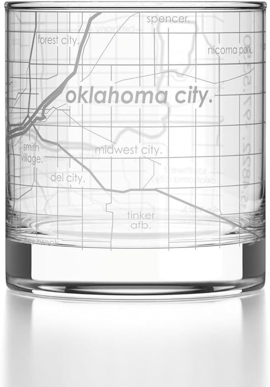 Well Told Engraved Oklahoma City Oklahoma Map Rocks Glass, Old Fashioned Glassware (11 oz, Clear) Etched Bourbon Tumbler, Gifts For Whiskey Lovers