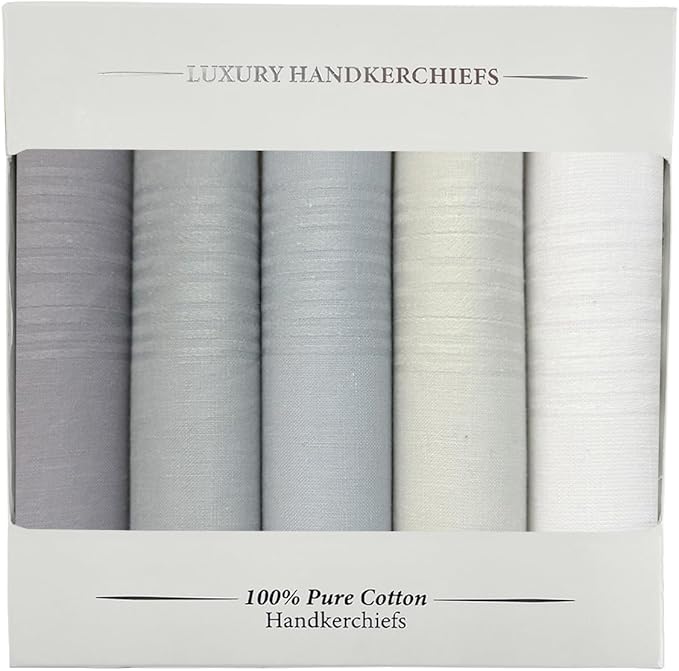 5 Pack Handkerchief Mens Cotton Luxury Hot Silver Gift Box Set, Vintage 40x40cm Fancy Design Pocket Square Hankie Gift Pack