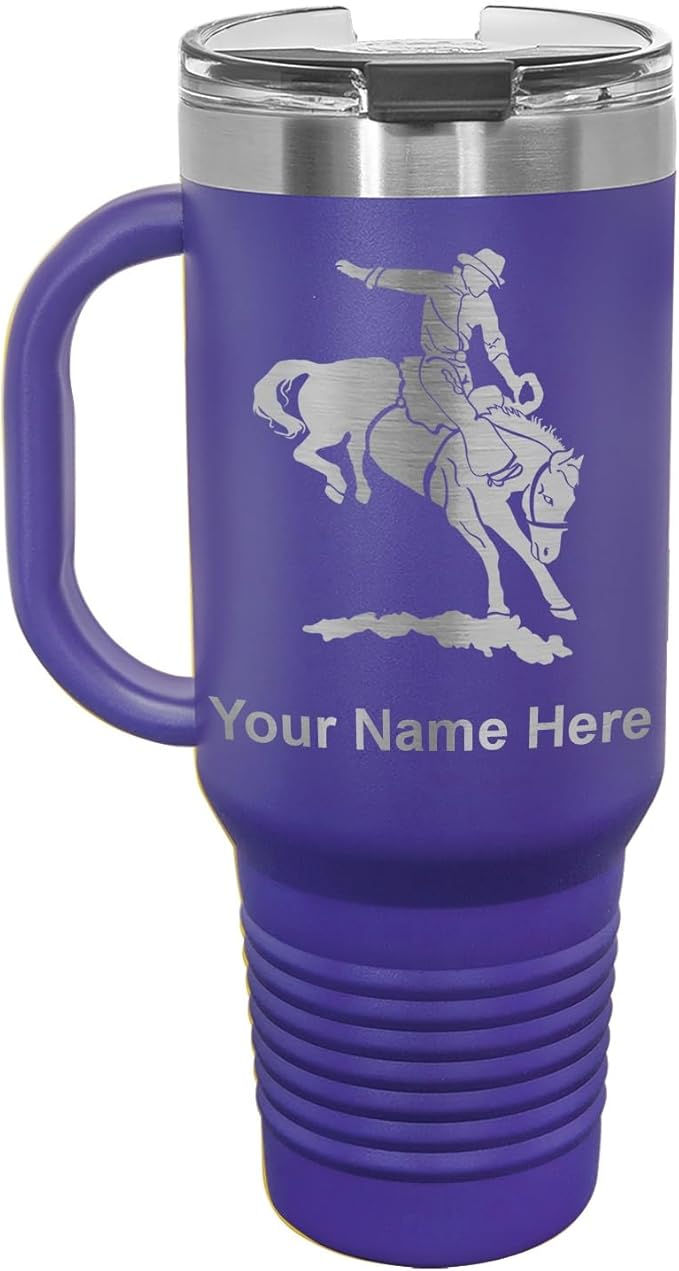 LaserGram 40oz Vacuum Insulated Travel Mug with Handle, Bronco Rider, Personalized Engraving Included (Dark Purple)