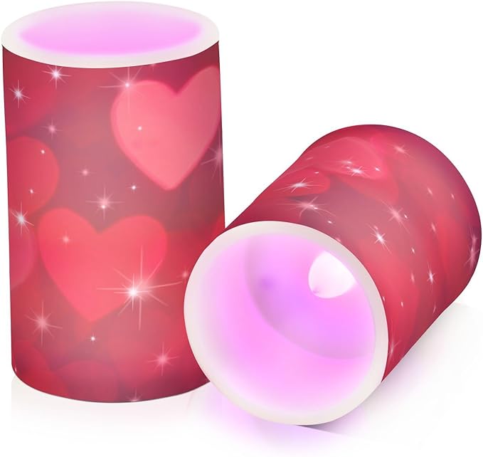 ALAZA Valentines Day Glitter Red Hearts Flickering Flameless Candles Battery Operated with Remote Timer,Tea Light Candles LED Pillar Votive Candles Set of 2 for Outdoor Indoor Decorations