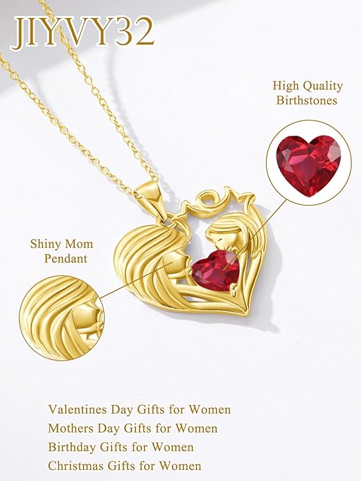 Mother and Daughter/Son Love Heart Necklace White Gold/14K Gold/Rose Gold Birthstone Jewelry Christmas Mothers Day Birthday Gifts For Mom Wife Grandma Women