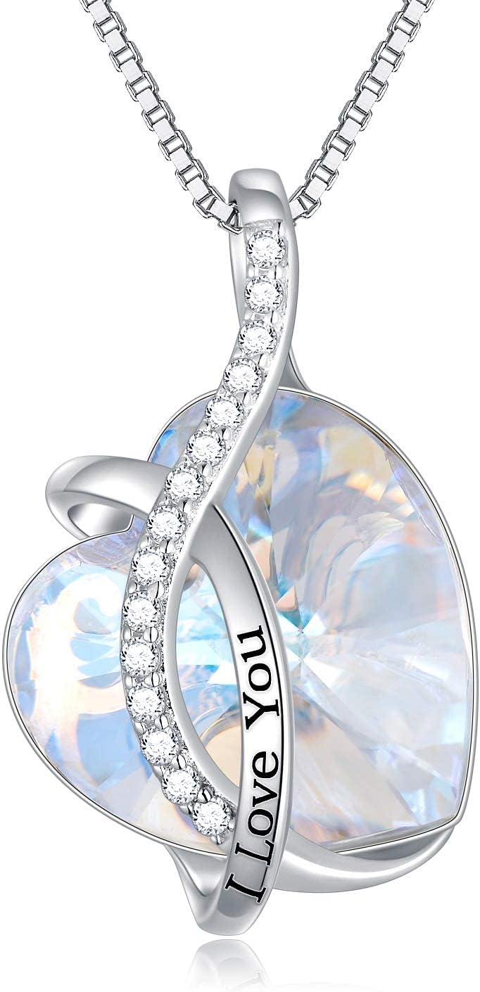 AOBOCO I Love You Sterling Silver 12 Birthstone Heart Pendant Necklace Embellished with Crystals from Austria, Mother's Day Anniversary Birthday Jewelry Christmas Gifts for Women Grandma Nana