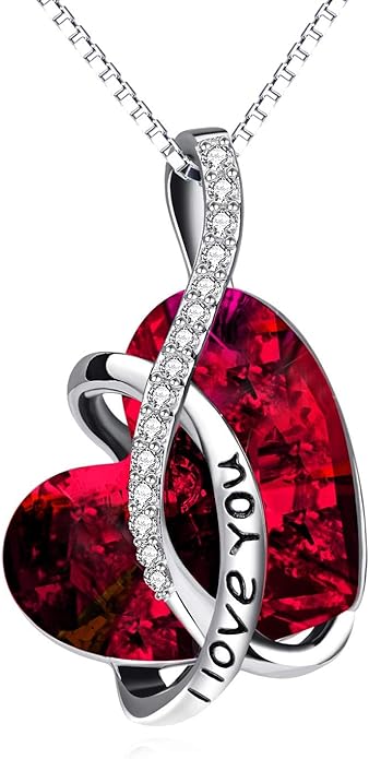 AOBOCO I Love You Sterling Silver 12 Birthstone Heart Pendant Necklace Embellished with Crystals from Austria, Mother's Day Anniversary Birthday Jewelry Christmas Gifts for Women Grandma Nana