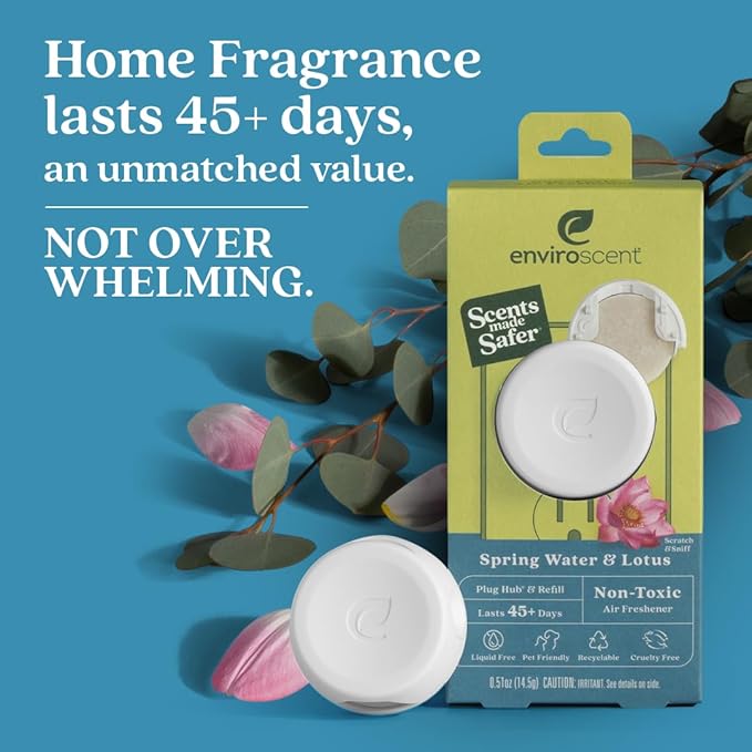 Enviroscent Non Toxic Air Freshener Plug-in Home Fragrance Last 45+ Days | Kit includes 1 Refillable Plug In Warmer & 1 Scent Refill (Spring Water & Lotus)