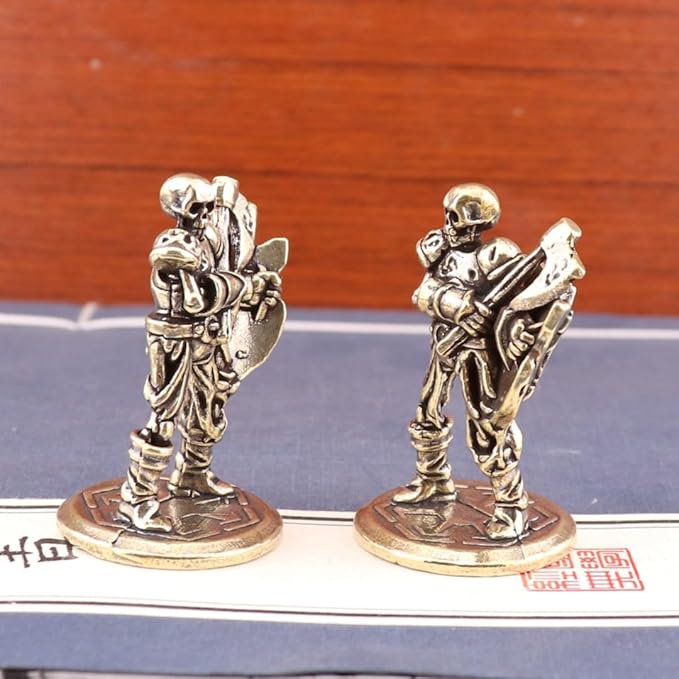 Brass Animals Figurine Decorative,Metal Statue,2.16Inch Pure Brass Vintage Skeleton Warrior Figurines,Set of 2-Halloween Desktop Decorations,Gothic Collectible Ornaments with Axe & Shield