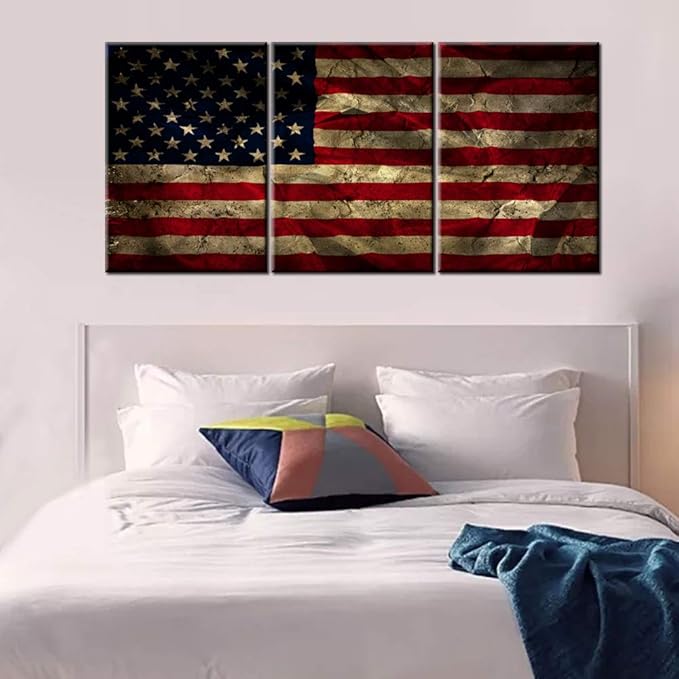 American Flags Retro Pictures Stars Striped Grunge Paintings for Living Room 3 Panel Canvas Prints Wall Art Freedom Symbol Artwork House Decoration Framed Gallery-Wrapped Ready to Hang(48''Wx24''H)