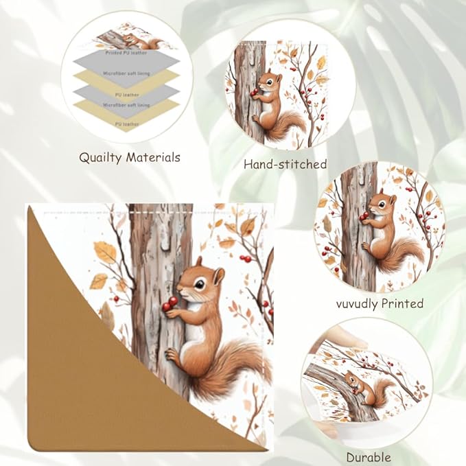 2PCS Leather Bookmarks 3.54 x 3.54 Inch Autumn Squirrel with Red Berries Design Reading Accessories for Books Journals Bibles Travel Diary Students Teachers and Book Lovers Gift