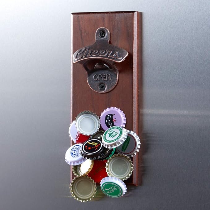 Magnetic Bottle Opener with Cap Catcher, Wooden Wall Mounted Opener, Ideal Gift for Men Dad and Beer Lovers, Use as Kitchen-Yard-Bar Decoration.